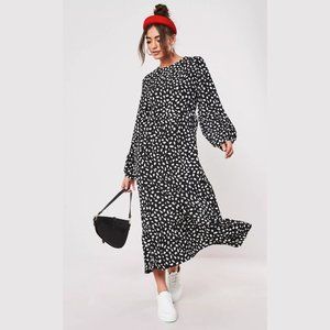 Black Dalmatian Print Ruffle Hem Midi Smock Dress
